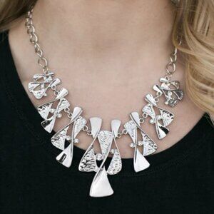 Chunky Silver Chain Necklace with Twisted Hourglass Accents and Rhinestone Detai